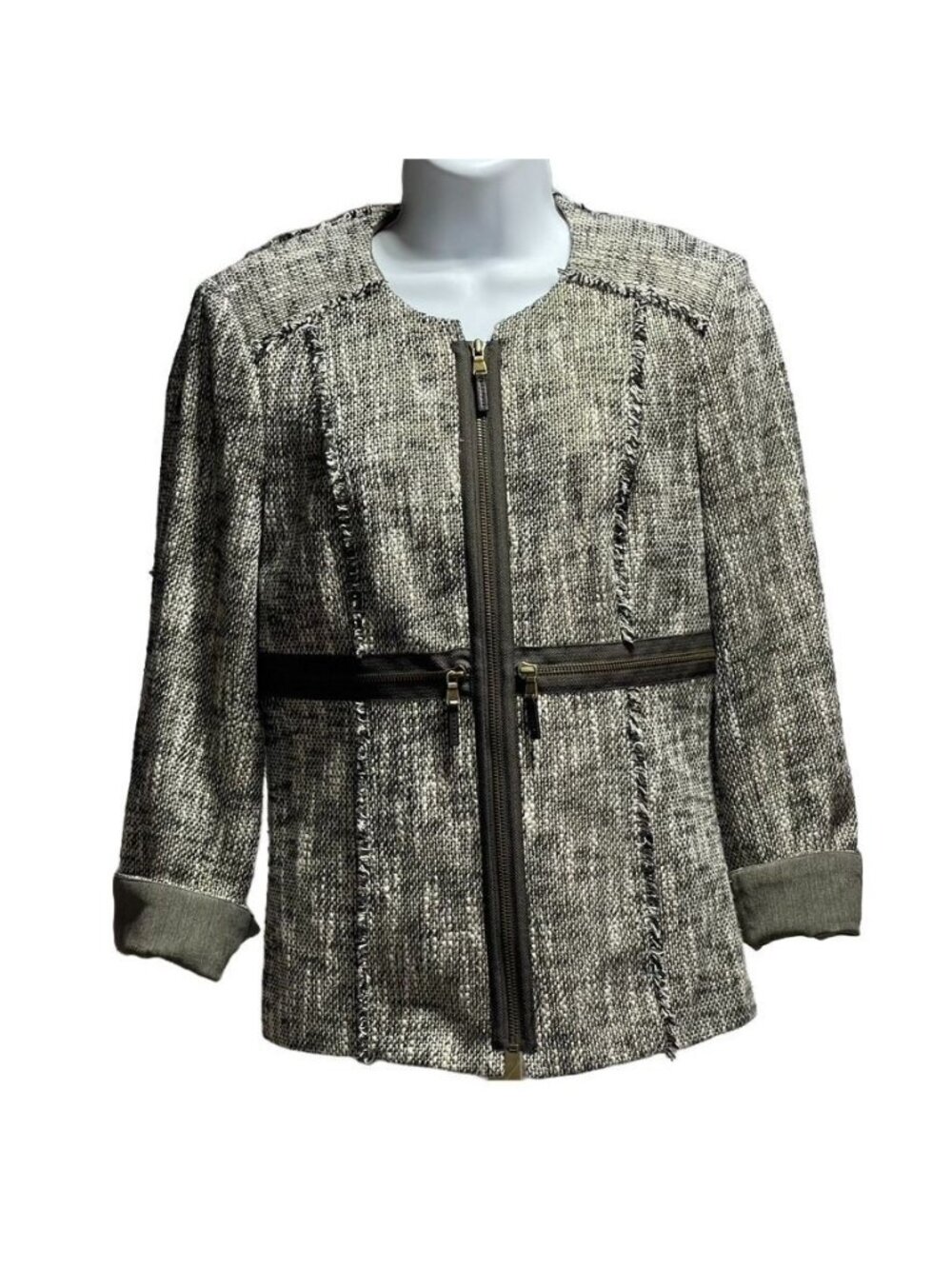Etcetera Womens Tweed Zip-Up Jacket Size 4 Gilded Gray Black Cotton Acetate